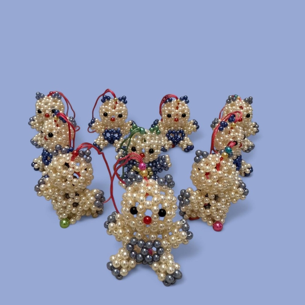 3D Blue Pearl Beaded Christmas Bear Ornaments – Set of 10